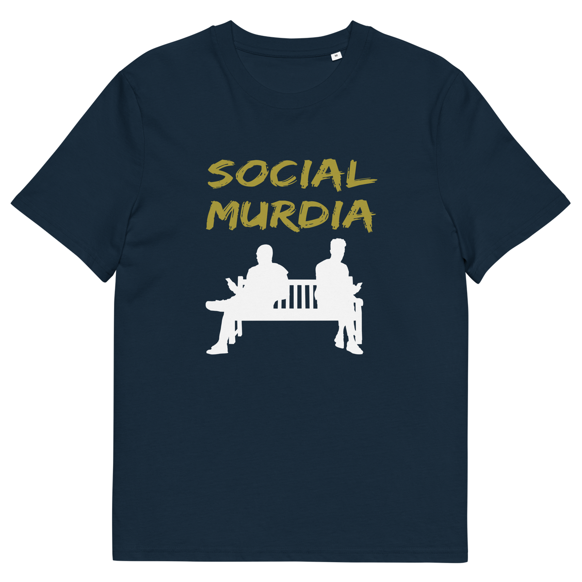 A French navy blue short-sleeve t-shirt with a graphic print on the front. The print features the words 'SOCIAL MURDIA' in a textured mustard yellow font above a white silhouette of two people sitting on a bench.