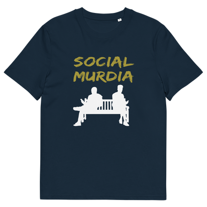 A French navy blue short-sleeve t-shirt with a graphic print on the front. The print features the words 'SOCIAL MURDIA' in a textured mustard yellow font above a white silhouette of two people sitting on a bench.