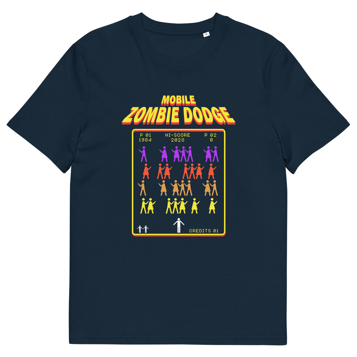 A French navy blue t-shirt featuring a retro video game style graphic on the chest. The graphic displays the text 'MOBILE ZOMBIE DODGE' in a yellow-orange gradient font above a grid of dancing zombie figures in purple, red, and yellow, mimicking a classic arcade game menu.