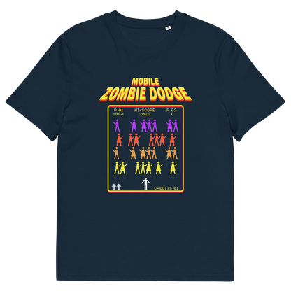 A French navy blue t-shirt featuring a retro video game style graphic on the chest. The graphic displays the text 'MOBILE ZOMBIE DODGE' in a yellow-orange gradient font above a grid of dancing zombie figures in purple, red, and yellow, mimicking a classic arcade game menu.