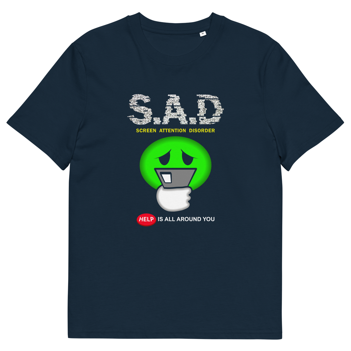 A French navy blue t-shirt with " S.A.D Screen attention disorder" text and a sick looking emoji face.