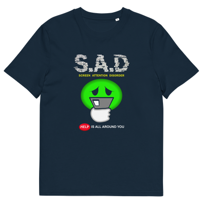 A French navy blue t-shirt with " S.A.D Screen attention disorder" text and a sick looking emoji face.