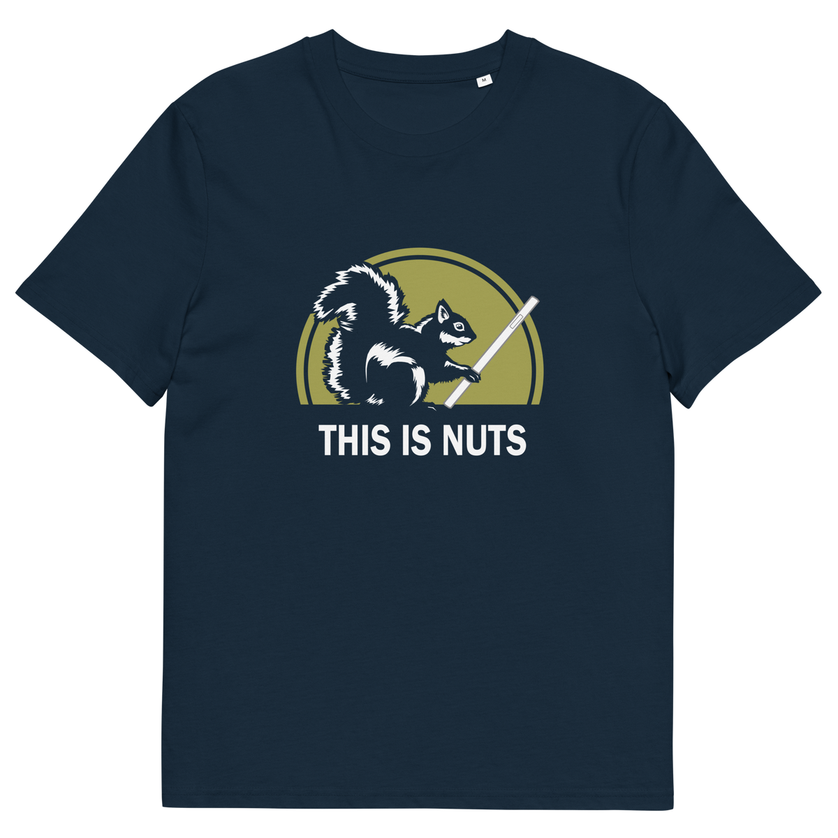 A French navy blue short-sleeve crewneck t-shirt featuring a graphic of a squirrel holding a smartphone in front of a yellow-green circle, with the text 'THIS IS NUTS' printed below in white.
