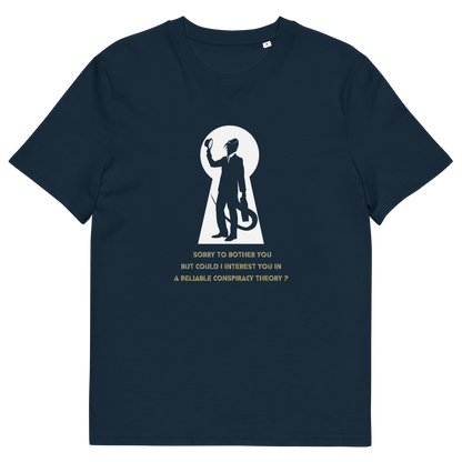 A French navy blue short-sleeve t-shirt with a white keyhole graphic on the chest. The graphic features a white keyhole silhouette of a reptilian salesman holding his hat, with gold text underneath reading 'SORRY TO BOTHER YOU BUT COULD I INTEREST YOU IN A RELIABLE CONSPIRACY THEORY?'.