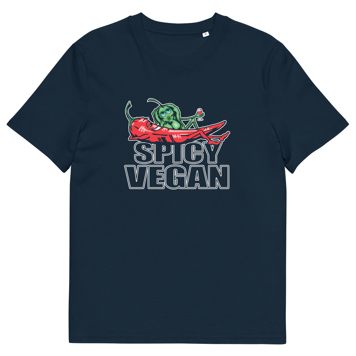 A French navy blue short-sleeve t-shirt with a graphic on the chest showing a green cartoon character featuring a graphic print of a green chili pepper and a red chilli character with the text 'SPICY VEGAN' underneath.