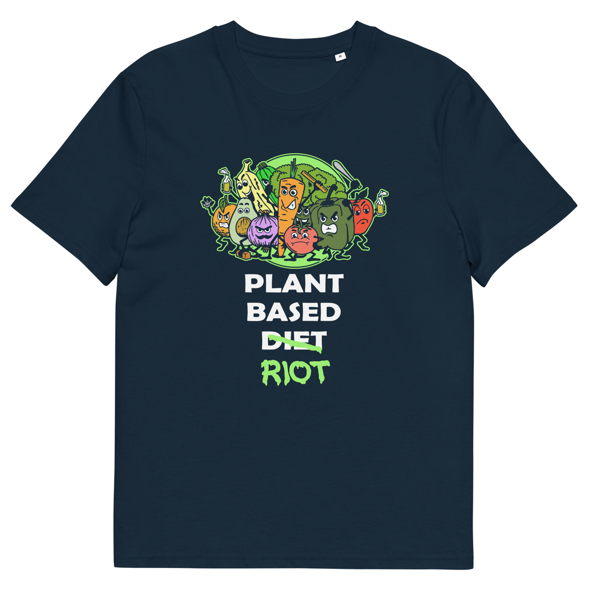 A French navy blue short-sleeve t-shirt with a colourful graphic of cartoon vegetables and the text 'PLANT BASED DIET RIOT' printed on the front.