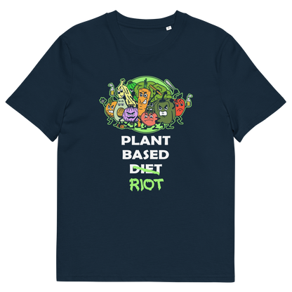 A French navy blue short-sleeve t-shirt with a colourful graphic of cartoon vegetables and the text 'PLANT BASED DIET RIOT' printed on the front.