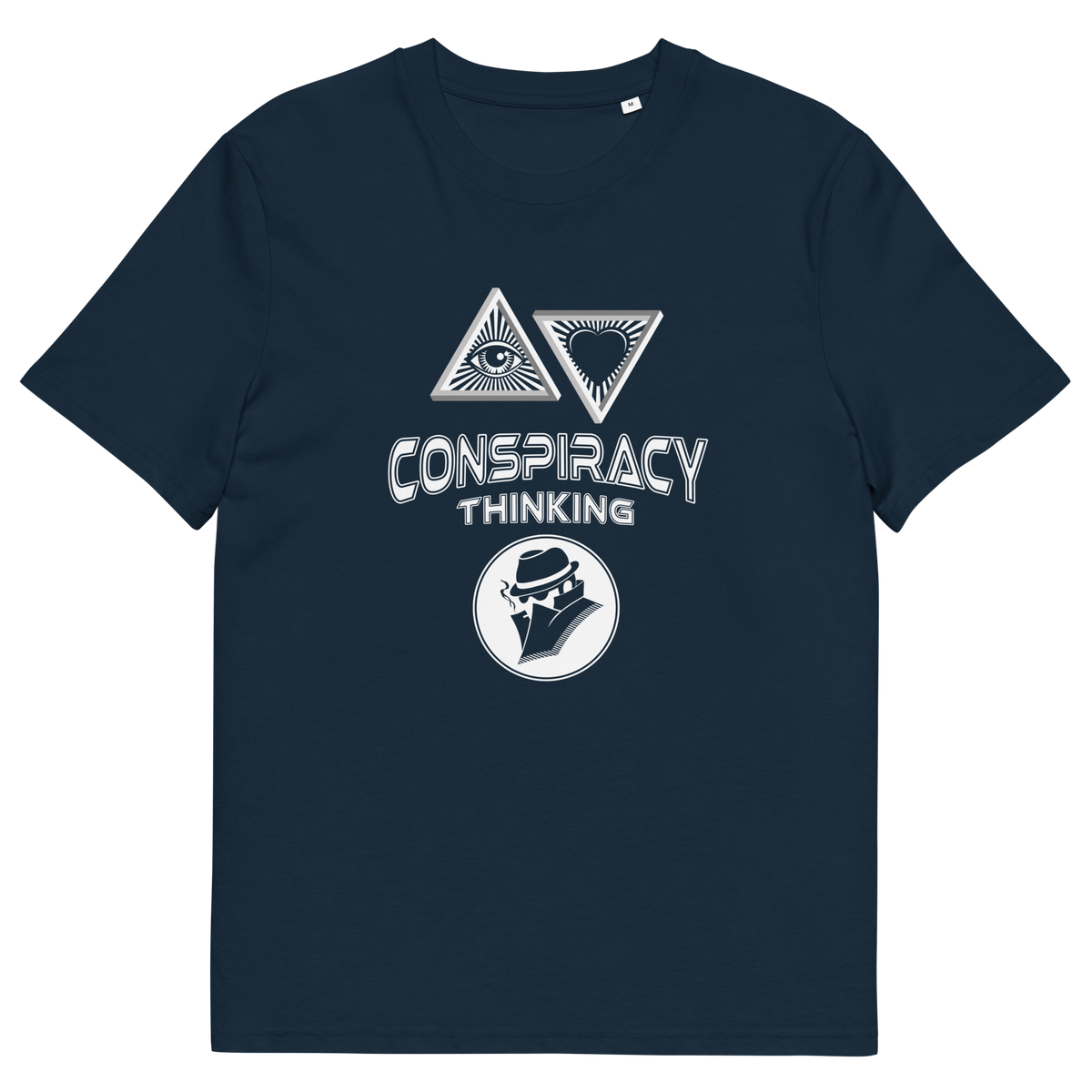A French navy blue short-sleeve t-shirt with a white graphic print on the front. The graphic features two inverted triangles with eyes and a heart, the words 'CONSPIRACY THINKING' in a distressed stencil font, and a circular logo of a man in a fedora.