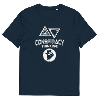 A French navy blue short-sleeve t-shirt with a white graphic print on the front. The graphic features two inverted triangles with eyes and a heart, the words 'CONSPIRACY THINKING' in a distressed stencil font, and a circular logo of a man in a fedora.