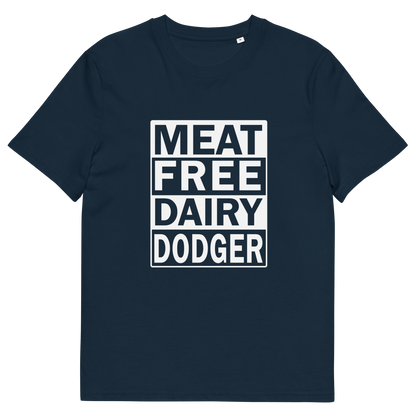 A French navy blue short-sleeve t-shirt with a white graphic print on the front that reads 'MEAT FREE DAIRY DODGER' in bold block letters.