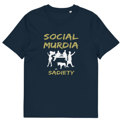 A French navy blue short-sleeve t-shirt with a graphic print on the front. The print features the words 'SOCIAL MURDIA' in a textured gold font, a white silhouette of a group of people on smartphones and a dog, and the word 'SADIETY' in the same gold font below.
