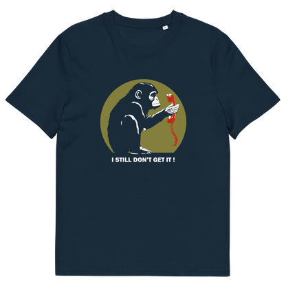 A French navy blue t-shirt with a design of a monkey staring at an old style telephone receiver with text underneath saying "I STILL DON'T GET IT".