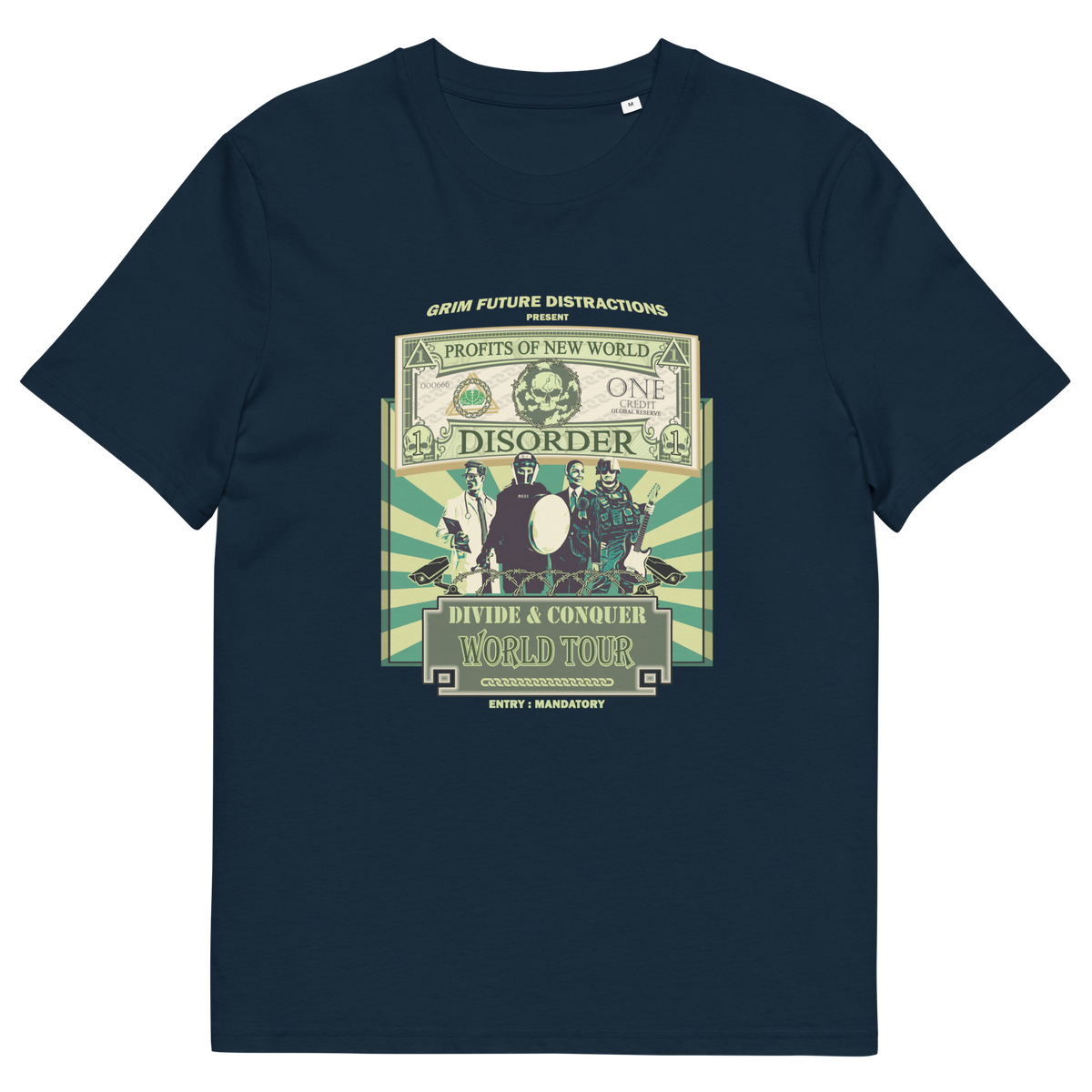 A French navy blue t-shirt with a spoof world tour design of a band called "PROFITS OF NEW WORLD DISORER".