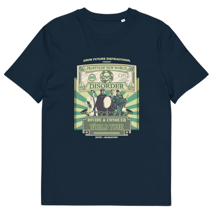 A French navy blue t-shirt with a spoof world tour design of a band called "PROFITS OF NEW WORLD DISORER".