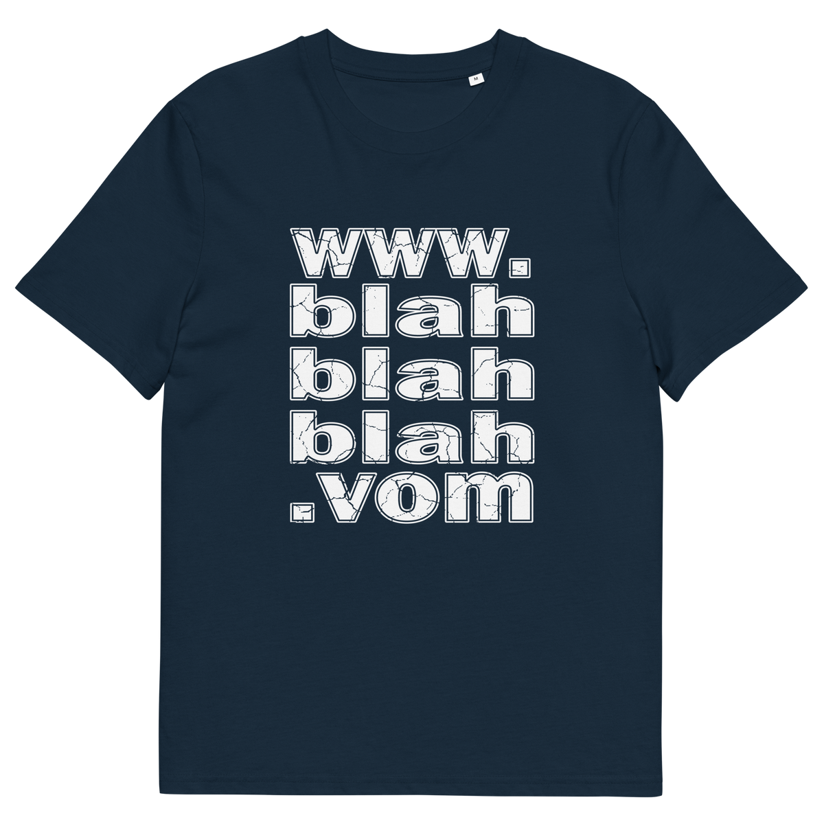 French navy blue t-shirt with "www.blahblahblah.vom" text design.