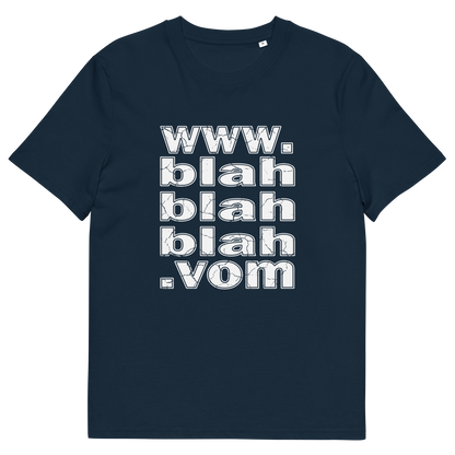 French navy blue t-shirt with "www.blahblahblah.vom" text design.