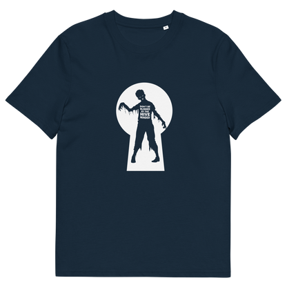A French navy blue  short sleeved t-shirt with a zombie through a key hole design with "DON'T BE BLINDED BY THE HIVE MINDED" text.