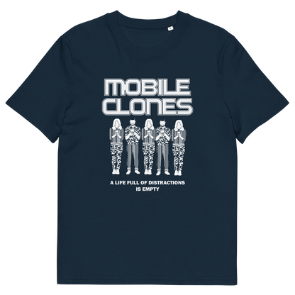 A French navy blue short-sleeve crewneck t-shirt featuring a white graphic print on the front. The graphic displays the text 'MOBILE CLONES' above five stylized figures, with the phrase 'A LIFE FULL OF DISTRACTIONS IS EMPTY' below.