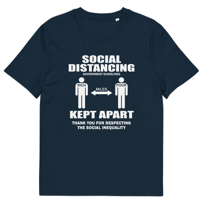 A French navy Blue short-sleeve crewneck t-shirt with a white graphic print on the front. The graphic features the text 'SOCIAL DISTANCING' and 'KEPT APART' with stick figures representing the recommended distance, labelled 'MILES'.
