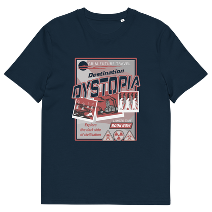 A French navy blue, short sleeved, crew necked t-shirt with a spoof travel poster design with "Destination Dystopia" text.