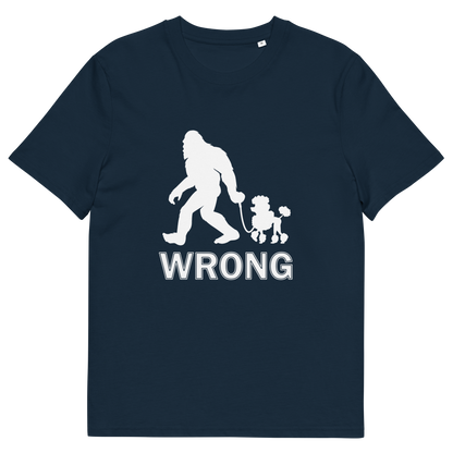 A French navy blue, short sleeved, crew necked t-shirt with a white print graphic of bigfoot leading a poodle dog and the text "WRONG" written underneath,