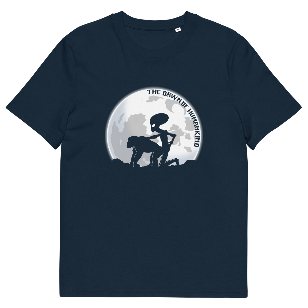 A French navy blue, short sleeved, crew neck t-shirt with the silhouette of an alien and a monkey in front of the moon with the text "THE DAWN OF HUMANKIND".