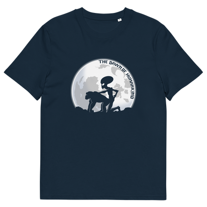A French navy blue, short sleeved, crew neck t-shirt with the silhouette of an alien and a monkey in front of the moon with the text "THE DAWN OF HUMANKIND".