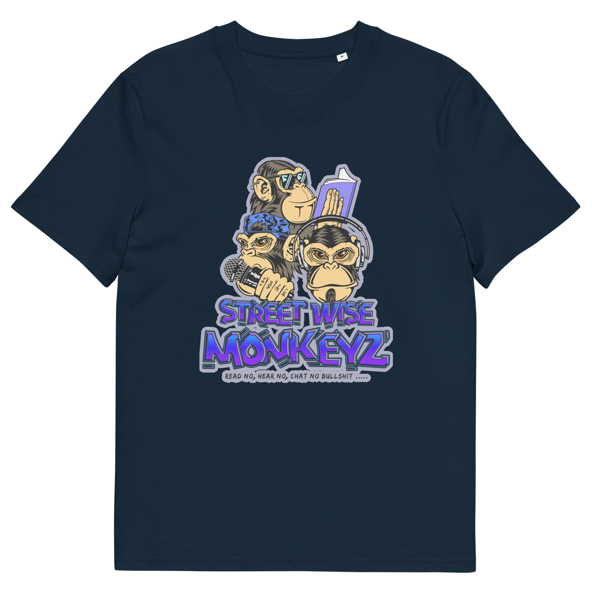 A French navy short-sleeve crewneck t-shirt featuring a colourful graphic print of three cartoon monkeys with the text 'STREET WISE MONKEYZ' in purple and blue.
