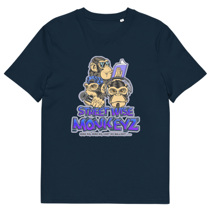 A French navy short-sleeve crewneck t-shirt featuring a colourful graphic print of three cartoon monkeys with the text 'STREET WISE MONKEYZ' in purple and blue.
