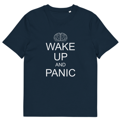 A French navy blue, short sleeved, crew neck t-shirt with a white graphic text "WAKE UP AND PANIC".