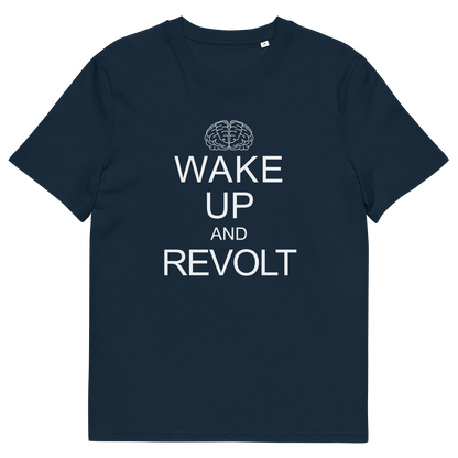  A French navy blue short-sleeve crewneck t-shirt with a white graphic print on the front. The print features a simple line-art brain icon above the text 'WAKE UP AND REVOLT' in a bold, sans-serif font, styled like the classic 'Keep Calm' poster.