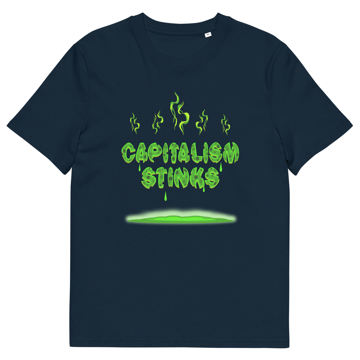 A French navy blue short sleeved crew neck t-shirt with "CAPITALISM STINKS" printed in a mouldy green cheese style.