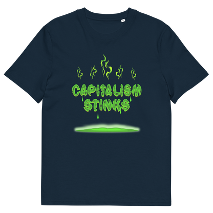 A French navy blue short sleeved crew neck t-shirt with "CAPITALISM STINKS" printed in a mouldy green cheese style.