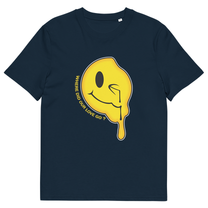 A French navy blue  short sleeved crew neck t-shirt with a yellow dripping smiley face and the text "WHERE DID OUR LOVE GO?".