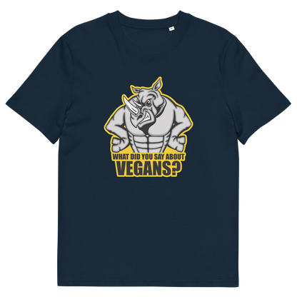 A French navy blue short sleeved crew neck t-shirt with a cartoon Rhino design and the caption "WHAT DID YOU SAY ABOUT VEGANS?".