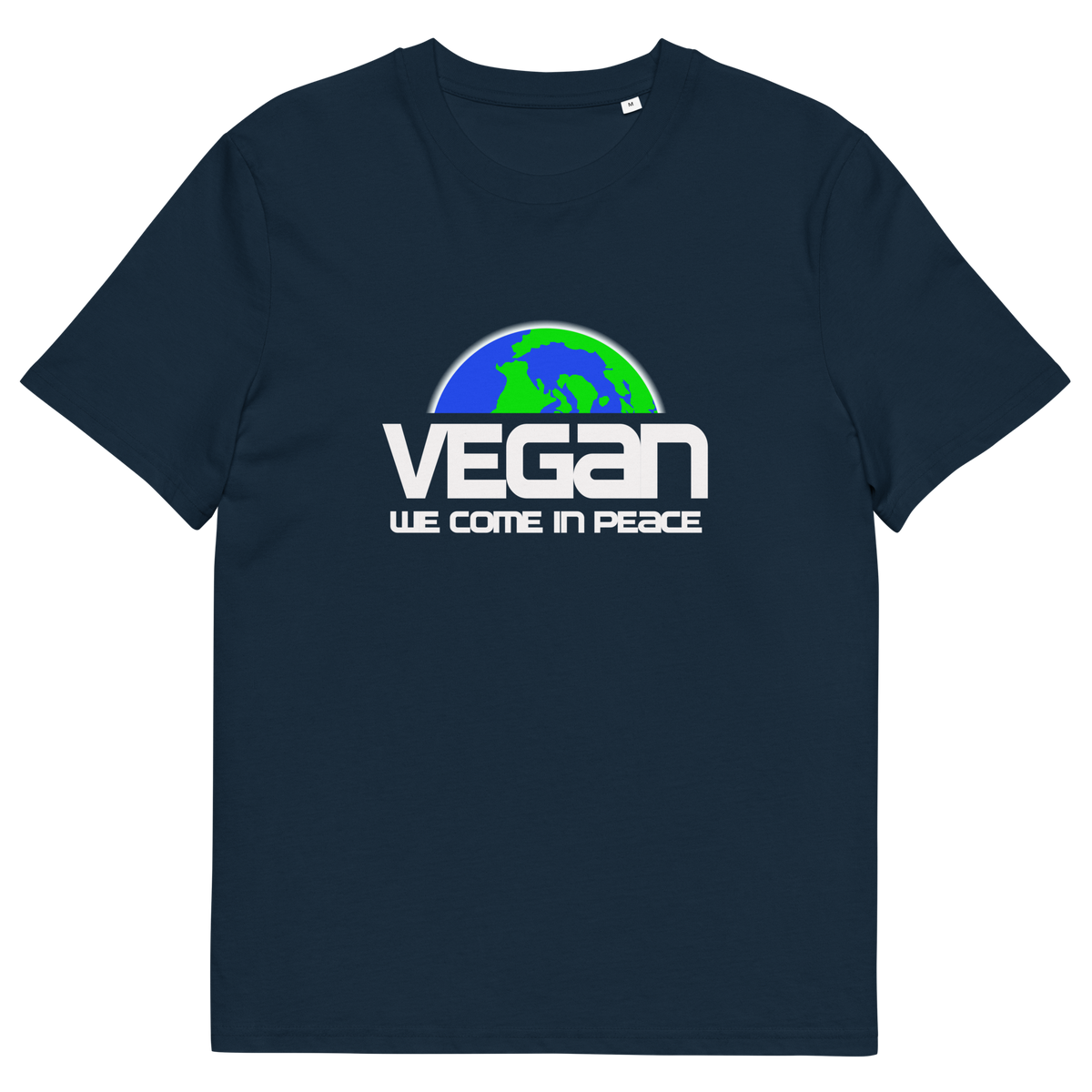 A French navy blue short sleeved crew neck t-shirt with a graphic of half a globe with the text "VEGAN WE COME IN PEACE" under it.