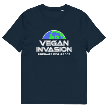 A French navy blue short sleeved crew neck t-shirt with a graphic of half a globe with the text "VEGAN INVASION, PREPARE FOR PEACE" written in white underneath,