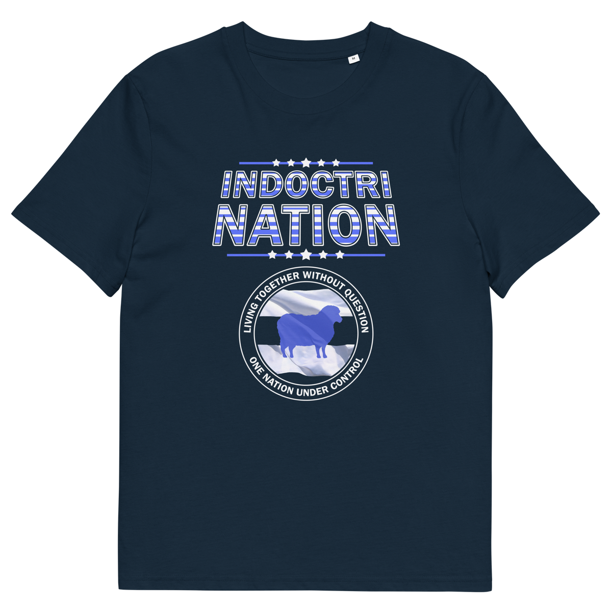 A French navy blue short sleeved crew neck t-shirt with a logo of a sheep on a flag and the text "INDOCTRINATION" above it.