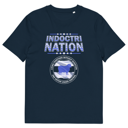 A French navy blue short sleeved crew neck t-shirt with a logo of a sheep on a flag and the text "INDOCTRINATION" above it.