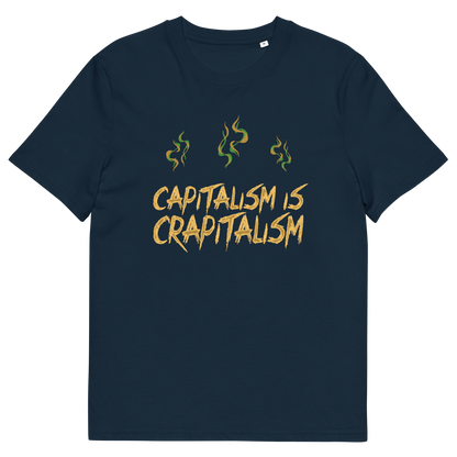 A French navy blue short sleeved crew neck t-shirt With the graphic text saying "CAPITALISM IS CRAPITALISM" with whiffs of vapor above it.