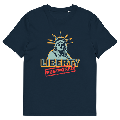 A French navy blue short sleeved crew neck t-shirt with a crying Statue of Liberty design with the text "LIBERTY POSTPONED" underneath.
