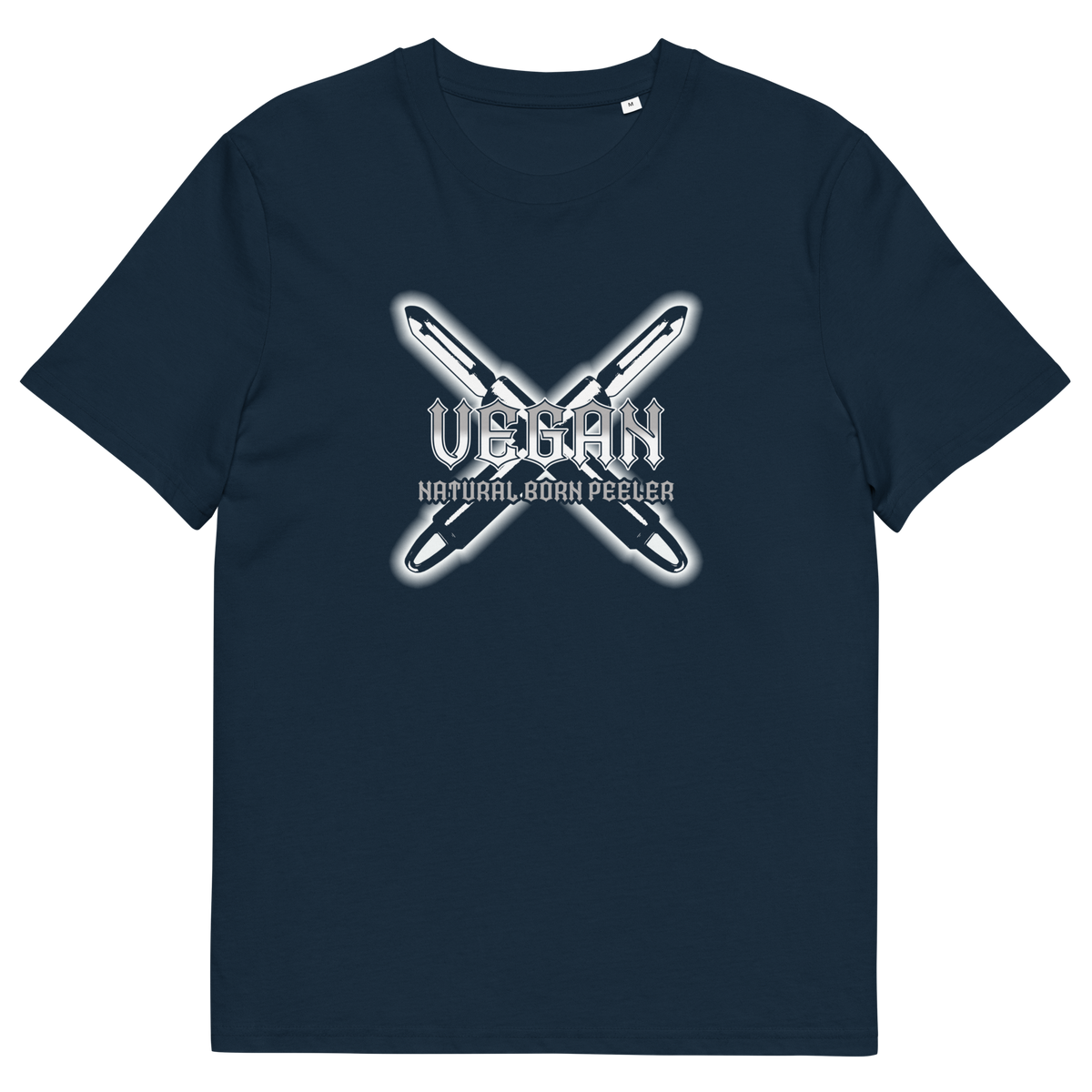 A French navy blue short sleeved crew neck t-shirt with a graphic of two crossed vegetable peelers and the text "VEGAN, NATURAL BORN PEELER" printed over the top.