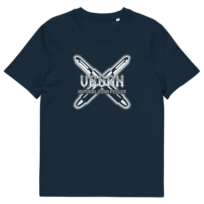 A French navy blue short sleeved crew neck t-shirt with a graphic of two crossed vegetable peelers and the text "VEGAN, NATURAL BORN PEELER" printed over the top.