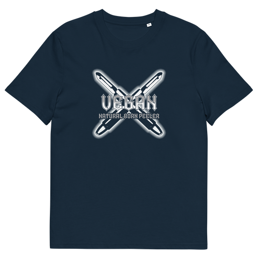 A French navy blue short sleeved crew neck t-shirt with a graphic of two crossed vegetable peelers and the text "VEGAN, NATURAL BORN PEELER" printed over the top.