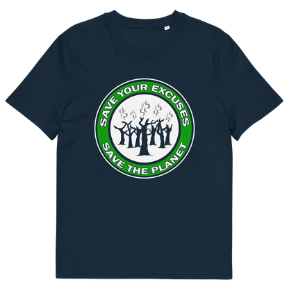 A French navy blue short sleeved crew neck t-shirt with "SAVE YOUR EXCUSES, SAVE THE PLANET" text written around burning tree stumps.