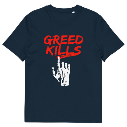A French navy blue short sleeved crew neck t-shirt with a hand writing "GREED KILLS" in blood red.