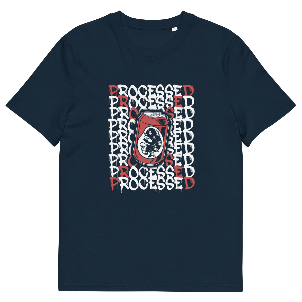 A French navy blue short sleeved crew neck t-shirt with a graphic of a baby in a soda can on the phone, surrounded by the text "PROCESSED" in white and red.