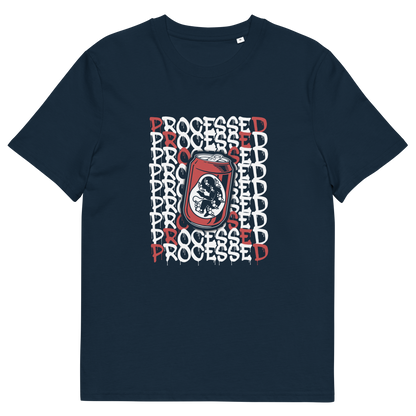 A French navy blue short sleeved crew neck t-shirt with a graphic of a baby in a soda can on the phone, surrounded by the text "PROCESSED" in white and red.