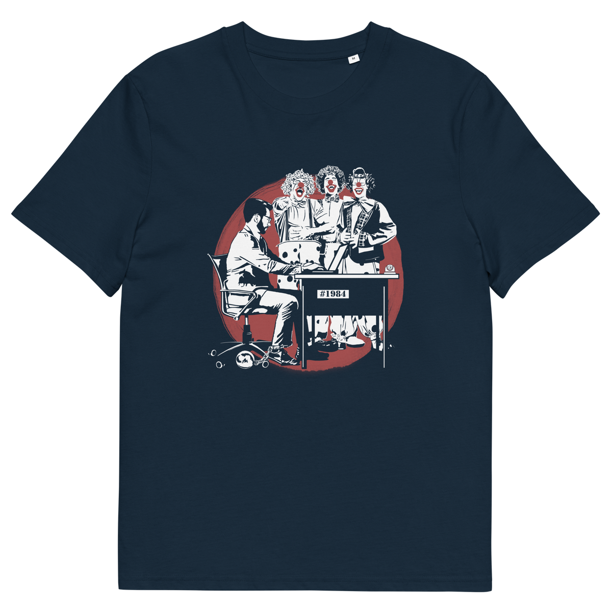 A French navy blue short sleeved crew neck t-shirt with a white and red graphic of three clowns laughing and pointing at an office worker.
