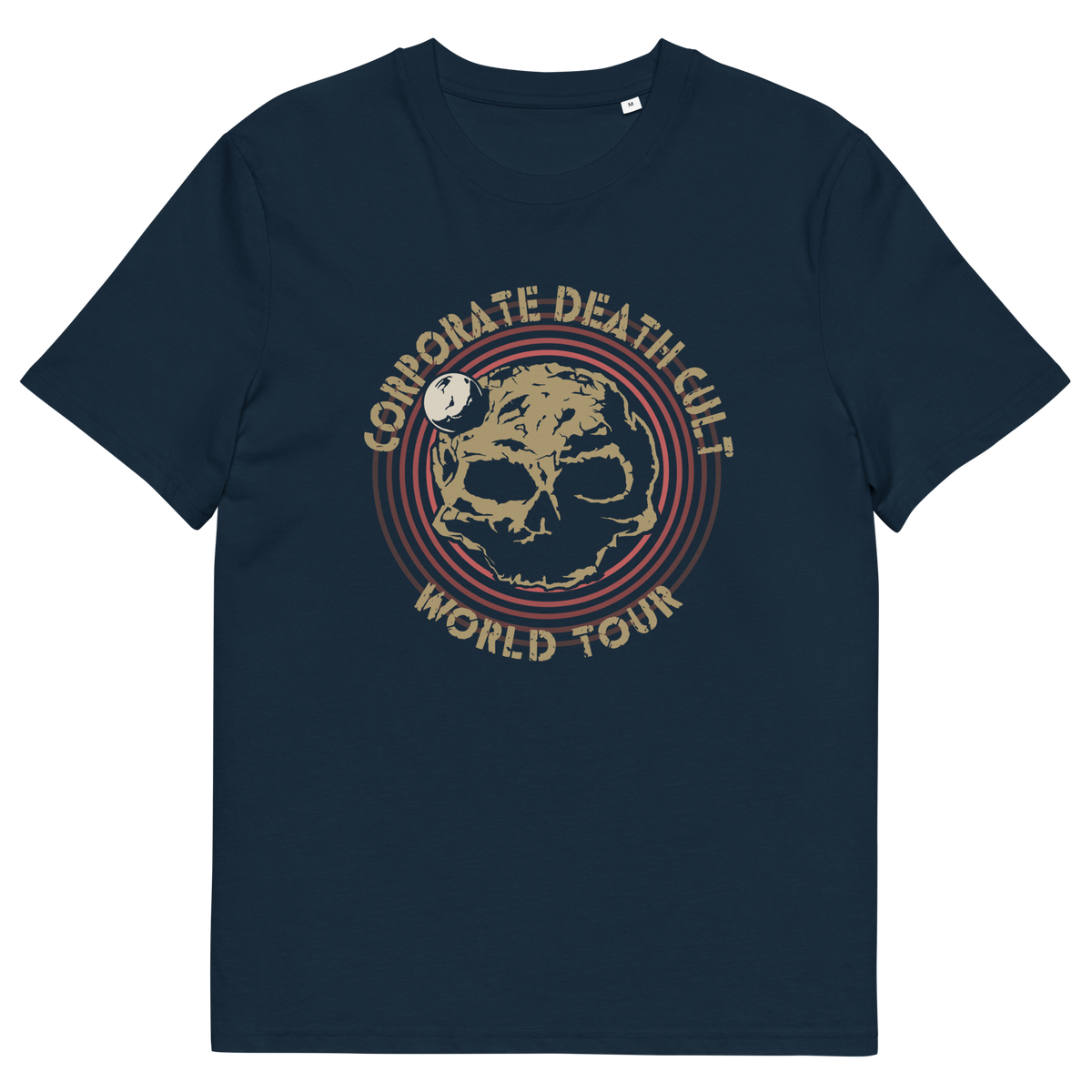 A French navy blue  short sleeved crew neck t-shirt with a skull shaped dead planet graphic with "CORPORATE DEATH CULT WORLD TOUR" printed around it.